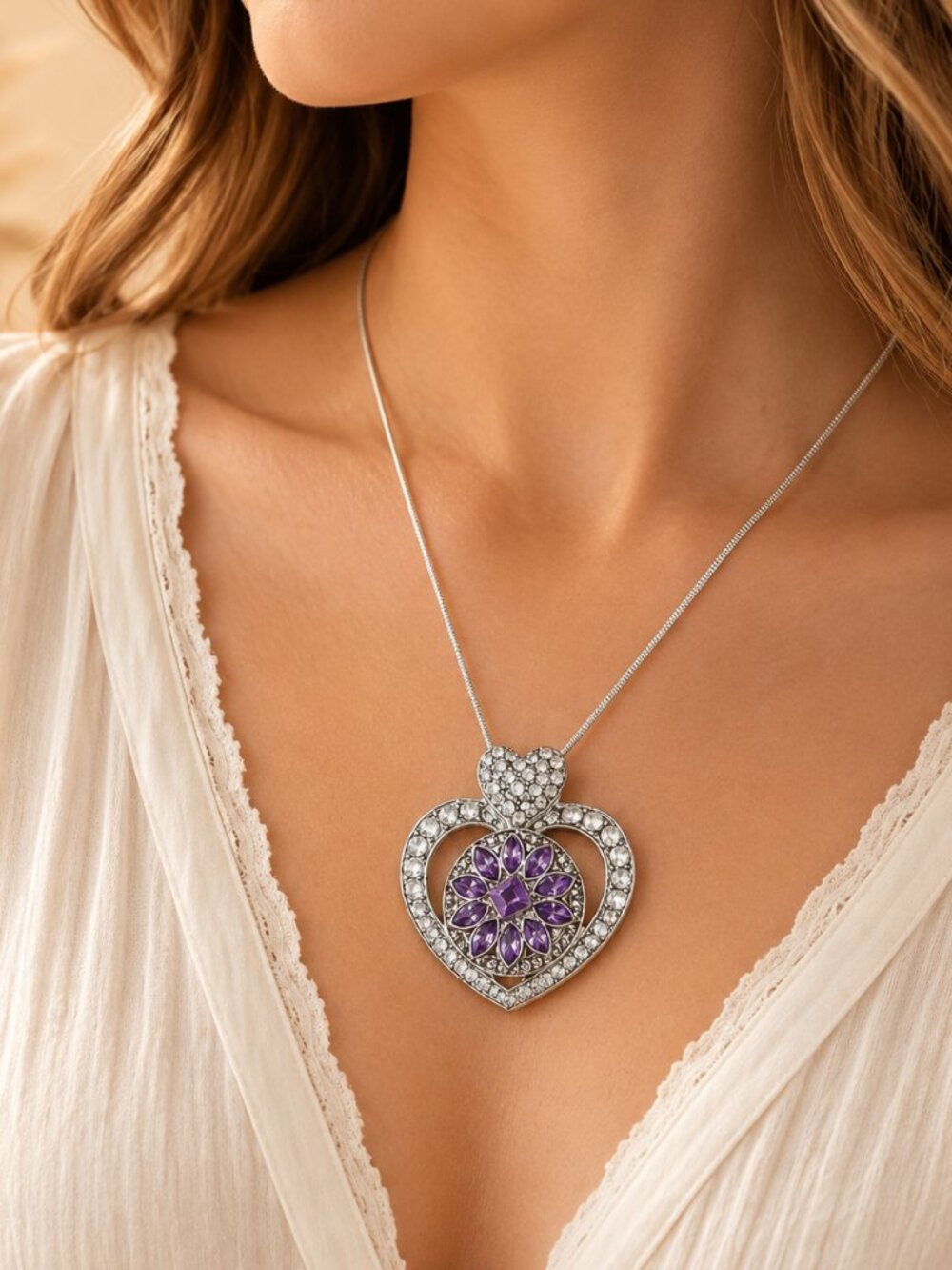 Silver Rhinestone Heart Snap Necklace Purple Crystal Flower 18"